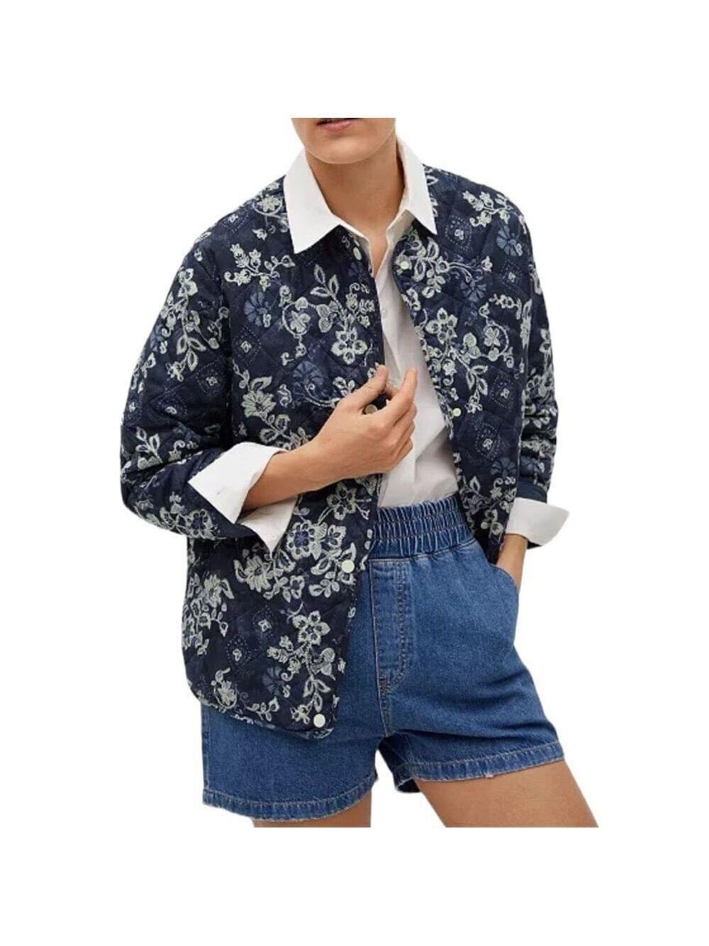 MANGO Printed Quilted Cotton Jacket Floral print Blue White Sz M/L